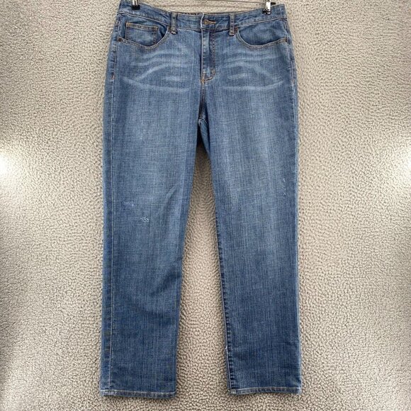 Chicos Jeans Womens 2 US 12 Blue Platinum Straight Leg Distressed Denim Stretch - Picture 1 of 11